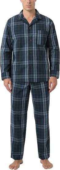 Men's Pajama Set Long Sleeve with Pocket Woven Cotton Knit Plaid Button-Down