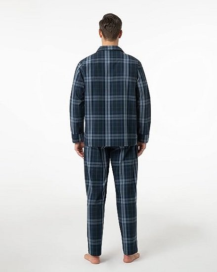 Men's Pajama Set Long Sleeve with Pocket Woven Cotton Knit Plaid Button-Down