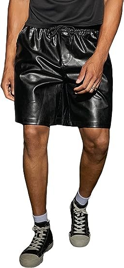 Men's PU Leather Drawstring Waist Wide Legs Shorts
